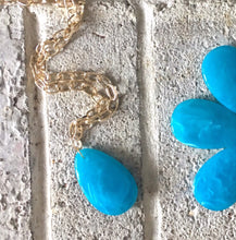 Load image into Gallery viewer, Aqua Blue Pendant Necklace, Your Choice Gold OR Silver Chain, You choose length, Long acrylic teardrop jewelry, light blue necklace jewelry