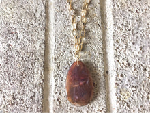 Load image into Gallery viewer, Purple Brown Pendant Necklace, Your Choice Gold OR Silver Chain, You choose length, Long acrylic teardrop jewelry, purple necklace jewelry