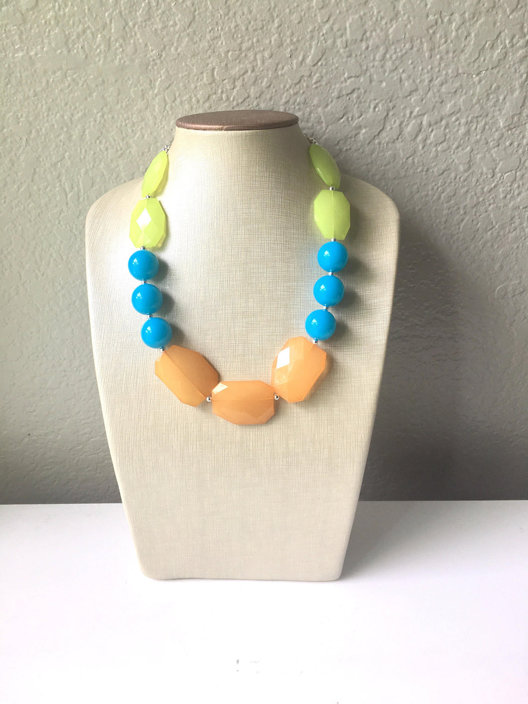 Lime Green, Sea Blue & Clementine Orange Big Bead Necklace, single Strand Statement Jewelry, green blue orange Chunky bib, bridesmaid