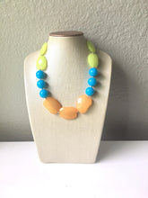 Load image into Gallery viewer, Lime Green, Sea Blue &amp; Clementine Orange Big Bead Necklace, single Strand Statement Jewelry, green blue orange Chunky bib, bridesmaid