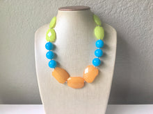 Load image into Gallery viewer, Lime Green, Sea Blue &amp; Clementine Orange Big Bead Necklace, single Strand Statement Jewelry, green blue orange Chunky bib, bridesmaid