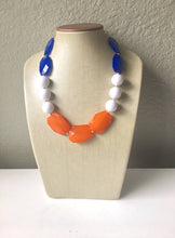 Load image into Gallery viewer, Royal Blue, White &amp; Orange Big Bead Necklace, single Strand Statement Jewelry, white blue orange Chunky bib, bridesmaid, Virginia Detroit