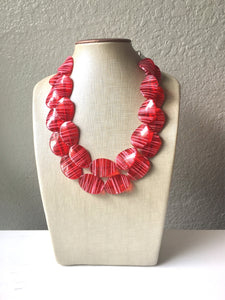 Red Pink Statement Jewelry Set, big Beaded Chunky necklace bracelet earrings, Double Strand wedding, bridesmaid necklace, red earring