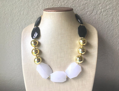 Black White & Gold Big Bead Necklace, Statement Jewelry, white black gold Chunky bib, bridesmaids necklace, wedding necklace, bridal