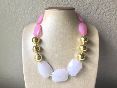 Pink White & Gold Big Bead Necklace, Statement Jewelry, white blush pink gold Chunky bib, bridesmaids necklace, wedding necklace, bridal