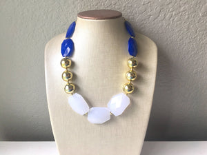 Blue White & Gold Big Bead Necklace, Statement Jewelry, white blue gold Chunky bib, bridesmaids necklace, wedding necklace, bridal necklace