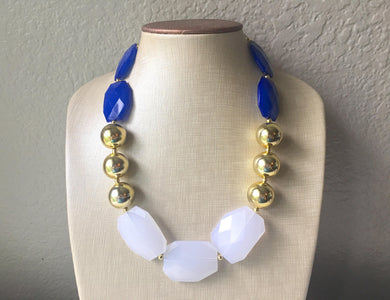 Blue White & Gold Big Bead Necklace, Statement Jewelry, white blue gold Chunky bib, bridesmaids necklace, wedding necklace, bridal necklace