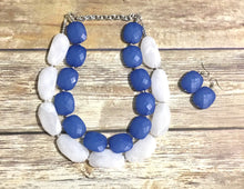 Load image into Gallery viewer, Blue White Necklace &amp; earrings, multi strand jewelry, big beaded chunky statement necklace, blue bridesmaid necklace, bib earrings