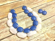 Load image into Gallery viewer, Blue White Necklace &amp; earrings, multi strand jewelry, big beaded chunky statement necklace, blue bridesmaid necklace, bib earrings