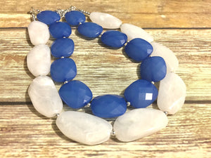 Blue White Necklace & earrings, multi strand jewelry, big beaded chunky statement necklace, blue bridesmaid necklace, bib earrings