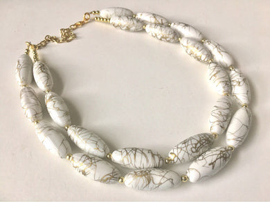 White and Gold Statement Necklace, white beaded necklace, white jewelry, gold jewelry, big bead chunky necklace, white bib necklace