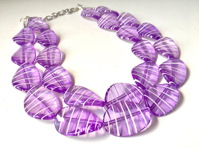 Purple White Statement Jewelry Set, big Beaded Chunky necklace bracelet earrings, Double Strand wedding, bridesmaid necklace, purple earring