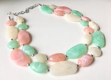 Load image into Gallery viewer, Long Peach Mint Cream Statement Necklace, Chunky Beaded Necklace, Mint Green Jewelry, long necklace, green Necklace, peach beaded jewelry