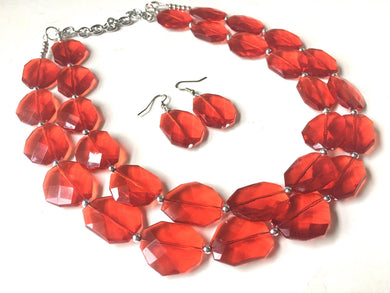 Ruby Red Chunky Statement Necklace and earrings Set, Beaded red Jewelry, light red bib necklace, red earrings, red jewelry