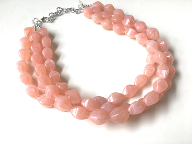 Peach Statement Necklace, Chunky Jewelry Big Beaded Triple Strand Necklace, light pink Necklace, peach Jewelry Set, peach bridesmaid earring