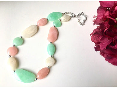 Long Peach Mint Cream Statement Necklace, Chunky Beaded Necklace, Mint Green Jewelry, long necklace, green Necklace, peach beaded jewelry