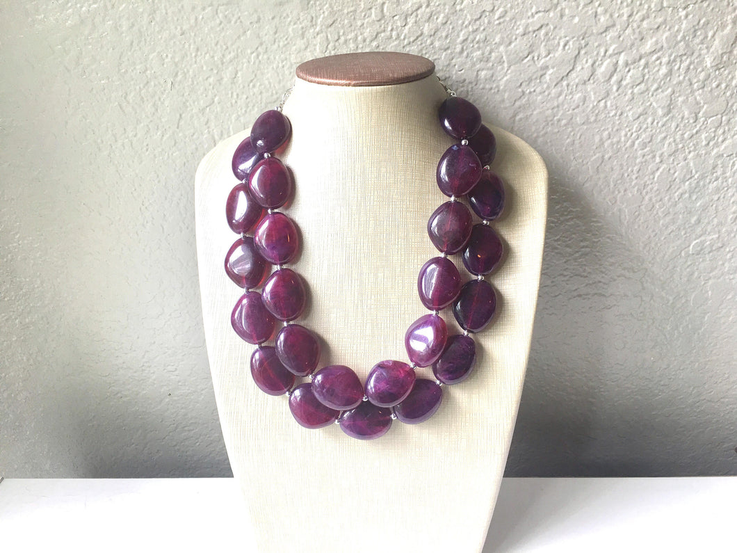 Eggplant Purple Chunky Statement Necklace, Big beaded jewelry, Double Strand Statement Necklace, Bib necklace, bridesmaid wedding, praline