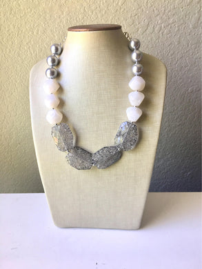 Silver & White Big Bead Necklace, single Strand Statement Jewelry, gray Chunky bib, bridesmaid necklace, gray jewelry, beaded long necklace