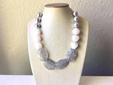 Silver & White Big Bead Necklace, single Strand Statement Jewelry, gray Chunky bib, bridesmaid necklace, gray jewelry, beaded long necklace