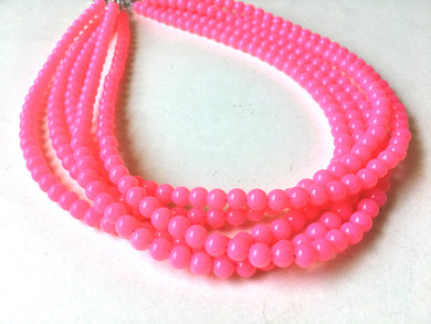 Multi Strand Neon Pink Necklace, Neon Pink jewelry, chunky pink necklace, statement neon pink necklace, bright pink jewelry, beaded necklace