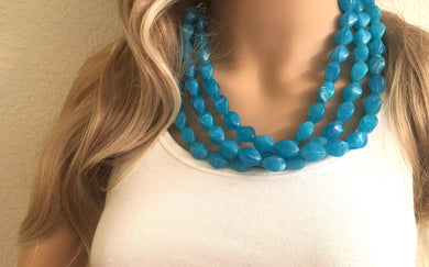 Aqua Blue Statement Necklace, Chunky Jewelry Big Beaded Triple Strand Necklace, light Blue Necklace, Blue Jewelry Set, aqua Blue Beaded