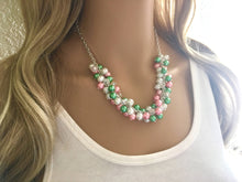 Load image into Gallery viewer, Pink &amp; Green Crystal Cluster Necklace, The &quot;Kentucky Derby&quot;, Pink and Green jewelry Necklace, Pearls necklace, silver chain necklace