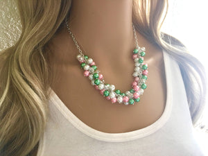 Pink & Green Crystal Cluster Necklace, The "Kentucky Derby", Pink and Green jewelry Necklace, Pearls necklace, silver chain necklace