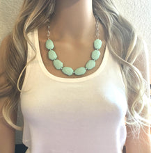 Load image into Gallery viewer, Mint Green Statement Necklace, Green jewelry, Your Choice of GOLD or SILVER, mint green bib chunky necklace, light green necklace