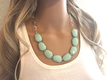 Load image into Gallery viewer, Mint Green Statement Necklace, Green jewelry, Your Choice of GOLD or SILVER, mint green bib chunky necklace, light green necklace