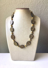 Load image into Gallery viewer, Single Strand black &amp; Gold Statement Necklace, Bib necklace, everyday necklace, beaded necklace, bridesmaid necklace, gold necklace