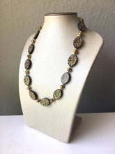 Load image into Gallery viewer, Single Strand black &amp; Gold Statement Necklace, Bib necklace, everyday necklace, beaded necklace, bridesmaid necklace, gold necklace