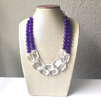 Load image into Gallery viewer, Purple + Crystal Clear Statement Necklace, Agate stone necklace, purple chunky necklace, dark purple bib necklace, dark purple necklace