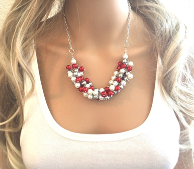 Football Basketball Red, White, Gray Pearl Cluster Necklace, Ohio Chicago Miami Alabama Tampa Bay Arizona Arkansas Atlanta Jewelry, state