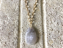 Load image into Gallery viewer, Gray Pendant Necklace, Your Choice Gold OR Silver Chain, Your choice of length, Long acrylic teardrop jewelry, ash gray necklace, gray jewel