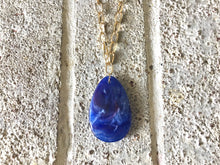 Load image into Gallery viewer, Royal Blue Pendant Necklace, Your Choice Gold OR Silver Chain, You choose length, Long acrylic teardrop jewelry, dark blue necklace jewelry