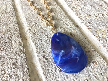 Load image into Gallery viewer, Royal Blue Pendant Necklace, Your Choice Gold OR Silver Chain, You choose length, Long acrylic teardrop jewelry, dark blue necklace jewelry