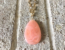 Load image into Gallery viewer, Peach Pendant Necklace, Your Choice Gold OR Silver Chain, You choose length, Long acrylic teardrop jewelry, Peach necklace jewelry soft pink