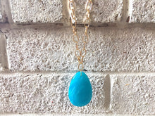 Load image into Gallery viewer, Aqua Blue Pendant Necklace, Your Choice Gold OR Silver Chain, You choose length, Long acrylic teardrop jewelry, light blue necklace jewelry