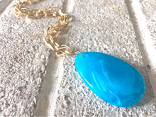 Load image into Gallery viewer, Aqua Blue Pendant Necklace, Your Choice Gold OR Silver Chain, You choose length, Long acrylic teardrop jewelry, light blue necklace jewelry