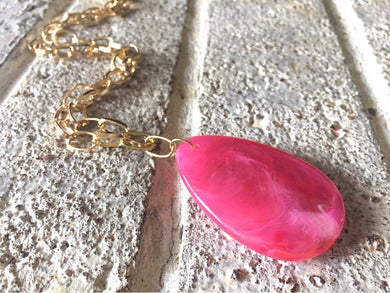 Dark Pink Pendant Necklace, Your Choice Gold OR Silver Chain, You choose length, Long acrylic teardrop jewelry, hot pink necklace jewelry