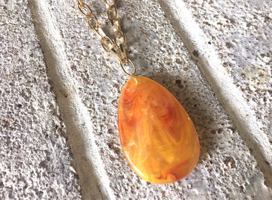 Marigold Pendant Necklace, Your Choice Gold OR Silver Chain, You choose length, Long acrylic teardrop jewelry, orange yellow necklace jewelr
