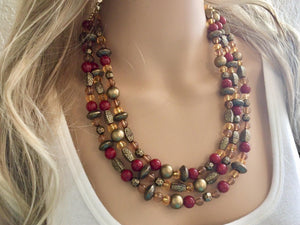 Fall Statement Necklace, Maroon Mustard Gold Necklace, Triple Strand Statement Necklace, fall colors necklace, vintage gold necklace, chunky