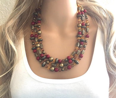 Fall Statement Necklace, Maroon Mustard Gold Necklace, Triple Strand Statement Necklace, fall colors necklace, vintage gold necklace, chunky
