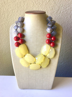 Statement Necklace, Gray Skies Maroon Yellow, OOAK, Double Strand Statement Necklace, fall colors, yellow necklace, gray necklace