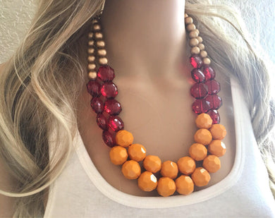 Fall Statement Necklace, Gold - Maroon - Pumpkin Orange, Double Strand Statement Necklace, fall colors, chunky gold necklace, beaded necklac