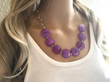 Load image into Gallery viewer, Purple Statement Necklace &amp; Earring set, purple jewelry, Your Choice of GOLD or SILVER, dark purple bib chunky necklace, purple necklace