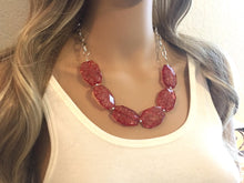 Load image into Gallery viewer, Red Statement Necklace &amp; earring set, red jewelry, Your Choice GOLD or SILVER, red crackle bib chunky necklace, red geometric necklace