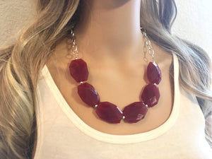 Maroon Red Statement Necklace & earring set, red jewelry, Your Choice GOLD or SILVER, marsala bib chunky necklace, red geometric necklace