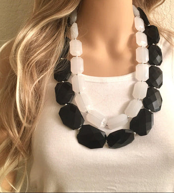 White & Black Necklace, Double strand jewelry, big beaded chunky statement necklace, black necklace, black jewelry, white necklace, black