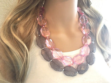 Pink & Gray Bib Necklace, multi strand jewelry, big beaded chunky statement necklace, light pink necklace, bridesmaid necklace, gray necklac